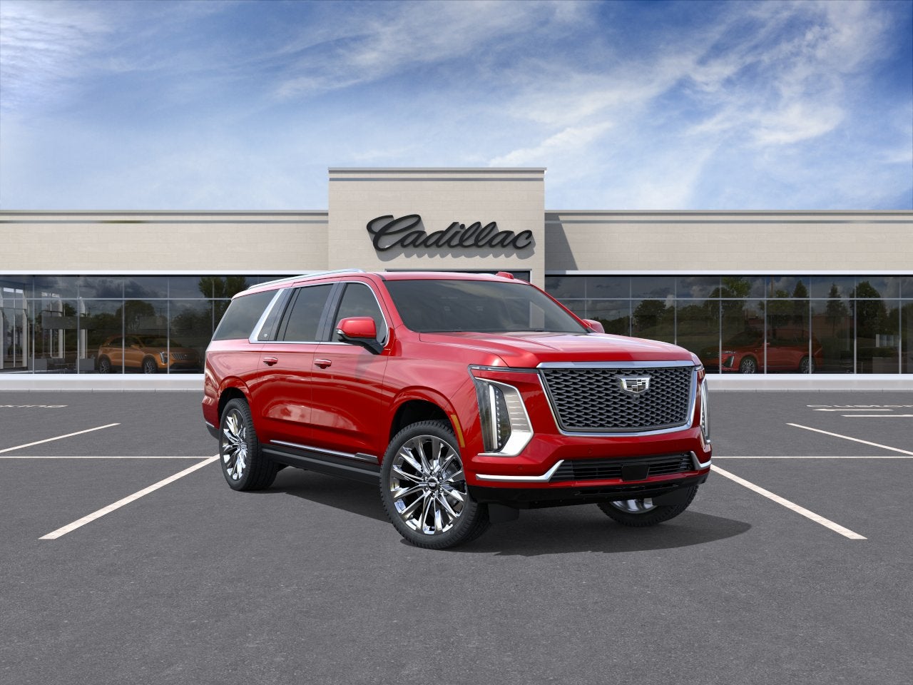 2026 Cadillac Escalade ESV Platinum Luxury in Radiant Red Tintcoat — front three-quarter view